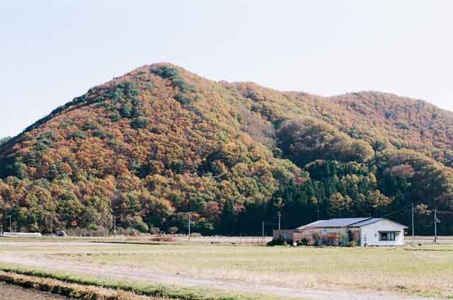 秋深まり、赤や黄色に染まる猪苗代湖周辺の里山＝2019年11月9日、福島県会津若松市湊町、岩倉しおり撮影
