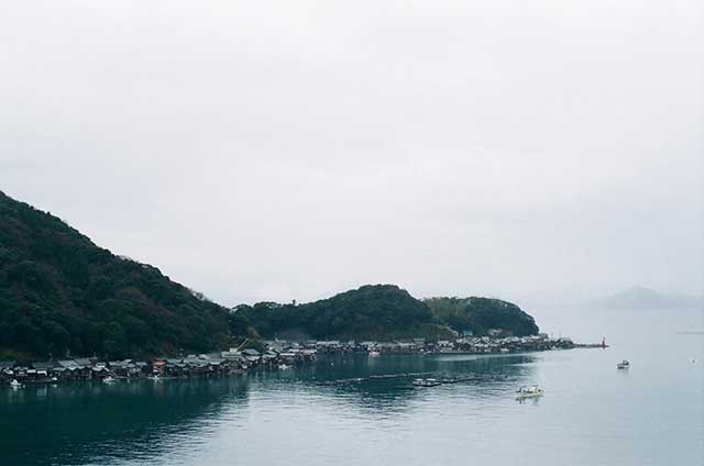 約5kmの湾沿いに約230軒の舟屋がある＝2021年3月13日、岩倉しおり撮影